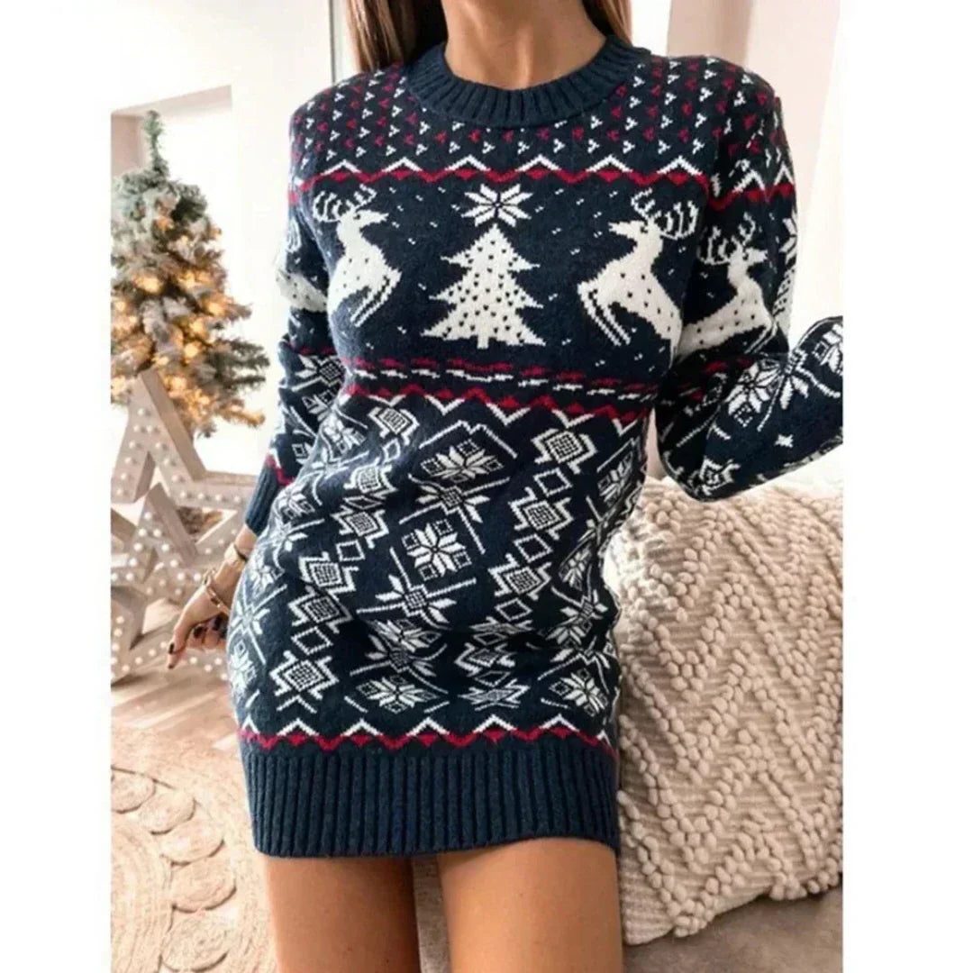 Women's Christmas Jumper Dress, Fair Isle Reindeer Knit