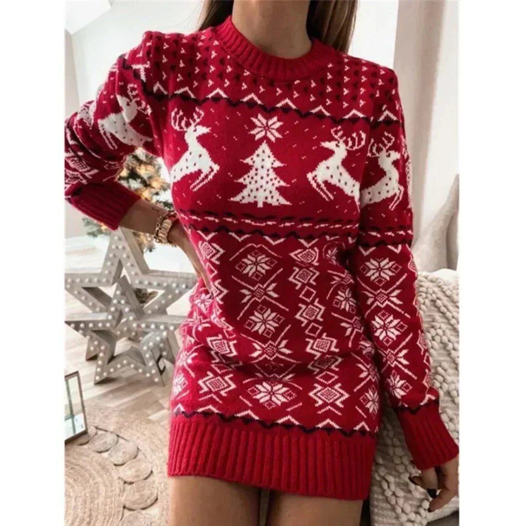 Women's Christmas Jumper Dress, Fair Isle Reindeer Knit