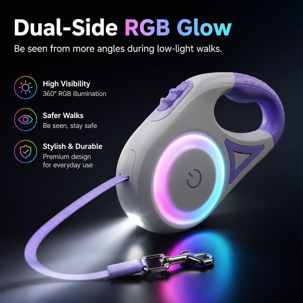 LED Retractable Dog Leash for Night Walks - Light-Up Dog Leash with Built-In Spotlight, RGB Side Glow & One-Touch Brake for Safer Evening Walks