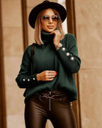 Button-Cuff Ribbed Turtleneck Sweater