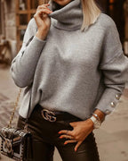 Button-Cuff Ribbed Turtleneck Sweater