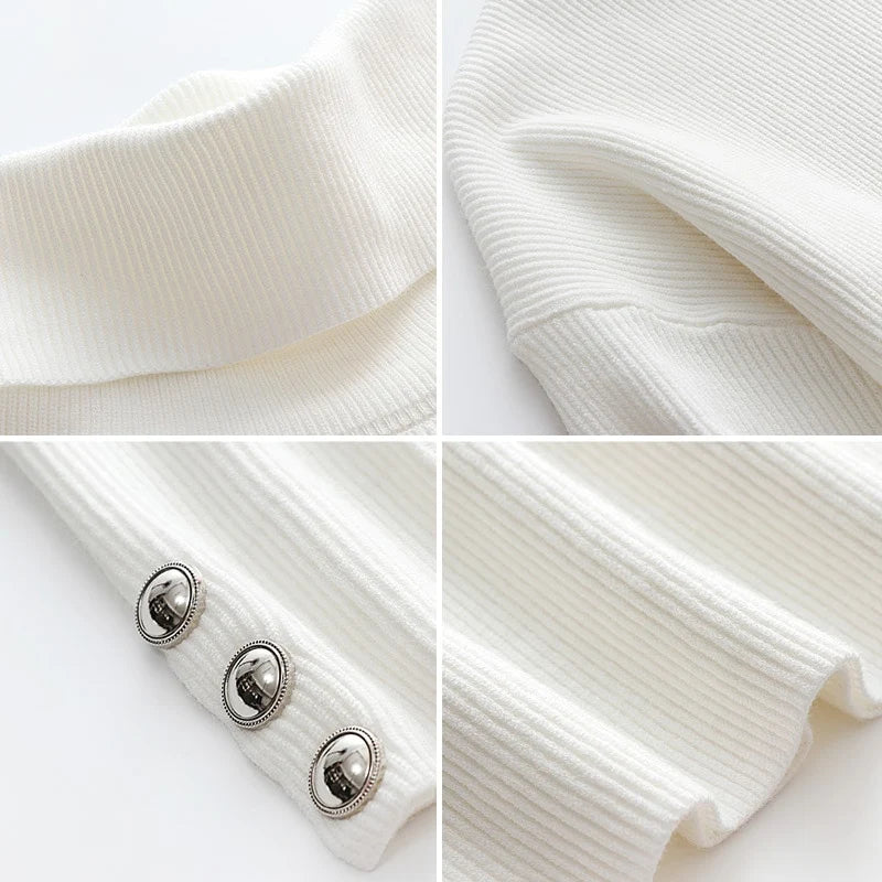 Button-Cuff Ribbed Turtleneck Sweater