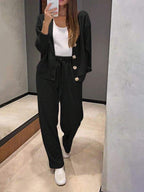 Button Front Cardigan and Wide Leg Trouser Set