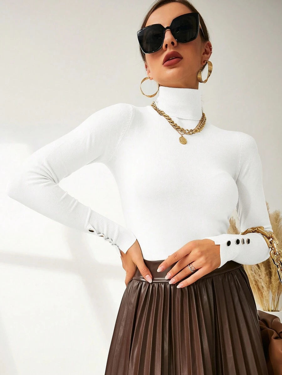 Buttoned Cuff Turtleneck Jumper