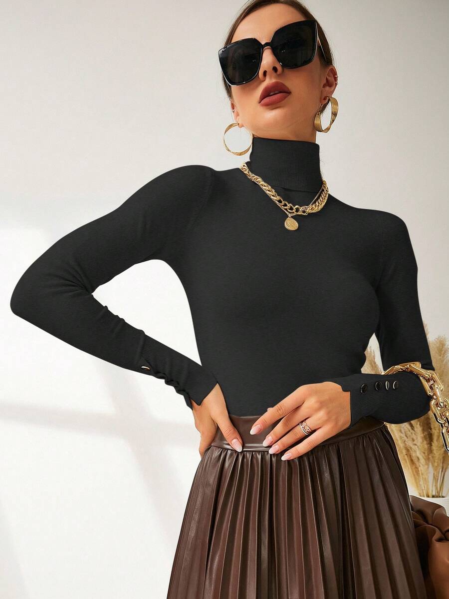 Buttoned Cuff Turtleneck Jumper