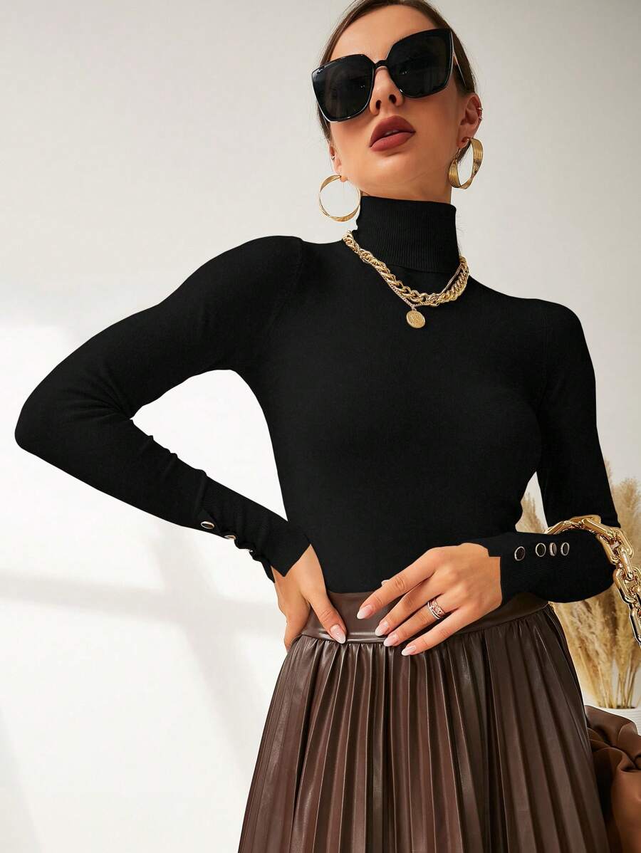 Buttoned Cuff Turtleneck Jumper