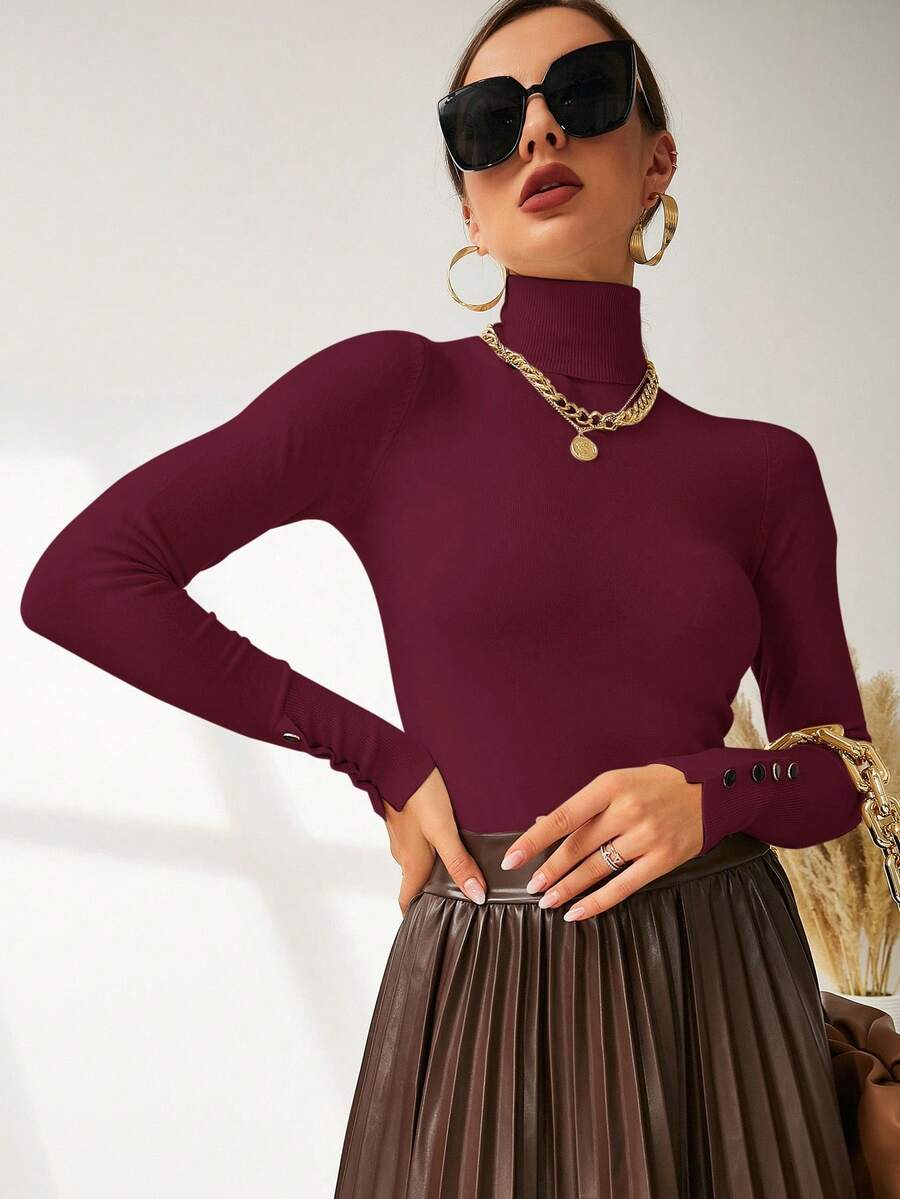 Buttoned Cuff Turtleneck Jumper