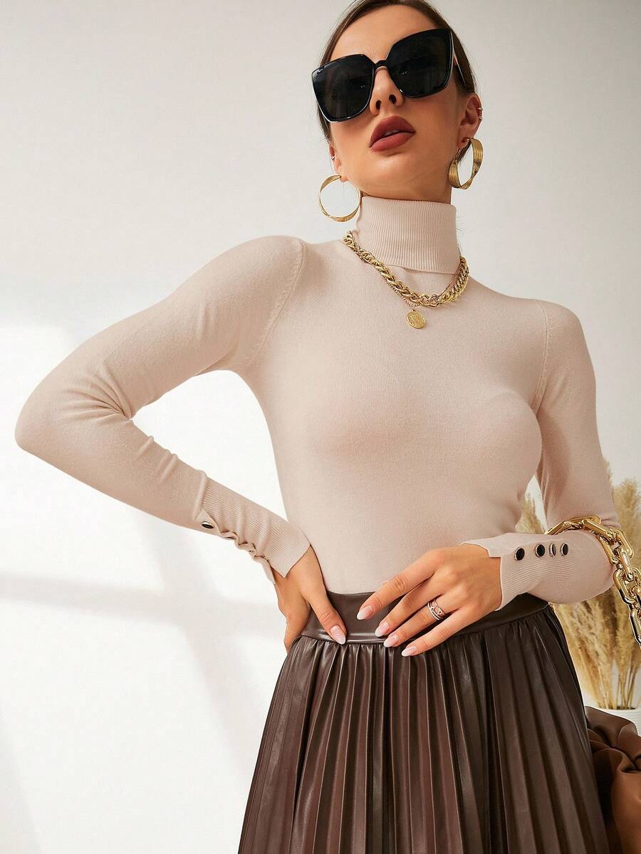 Buttoned Cuff Turtleneck Jumper