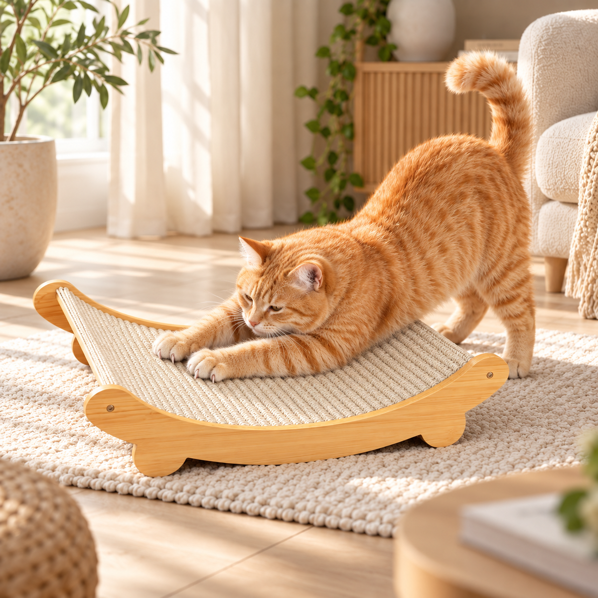 Wooden Cat Scratcher Bed for Indoor Cats Curved Sisal Scratch Pad & Lounge Hammock for Kittens & Cats