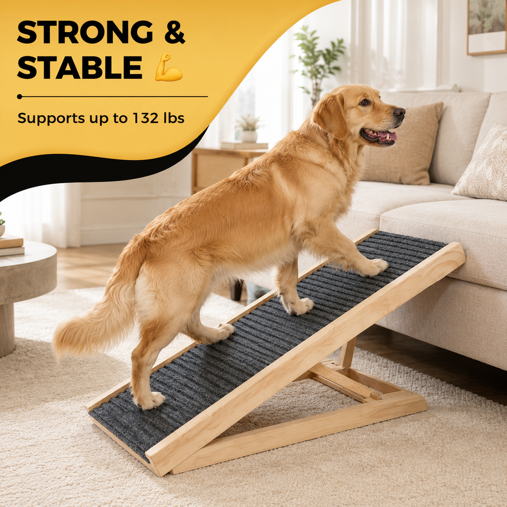 Adjustable Wooden Dog Ramp for Bed, Couch & Car – Foldable Non-Slip Pet Ramp for Small, Large & Senior Dogs, 132 lb Capacity