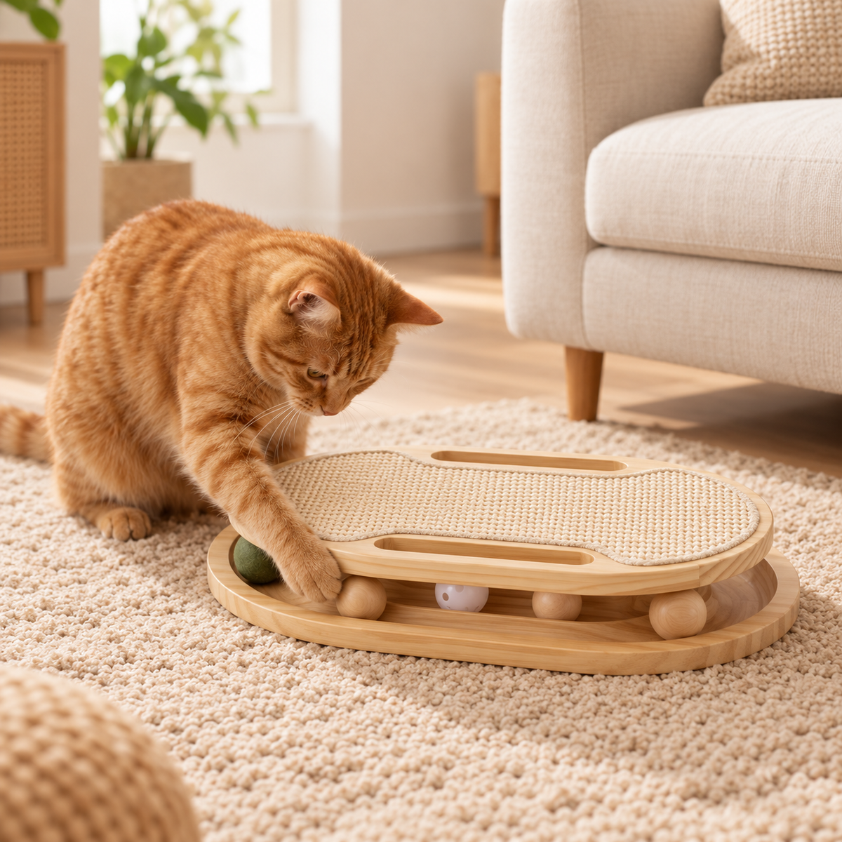 Interactive Cat Toy for Indoor Cats   Wooden Cat Scratcher with Ball Track & Scratch Pad for Kittens