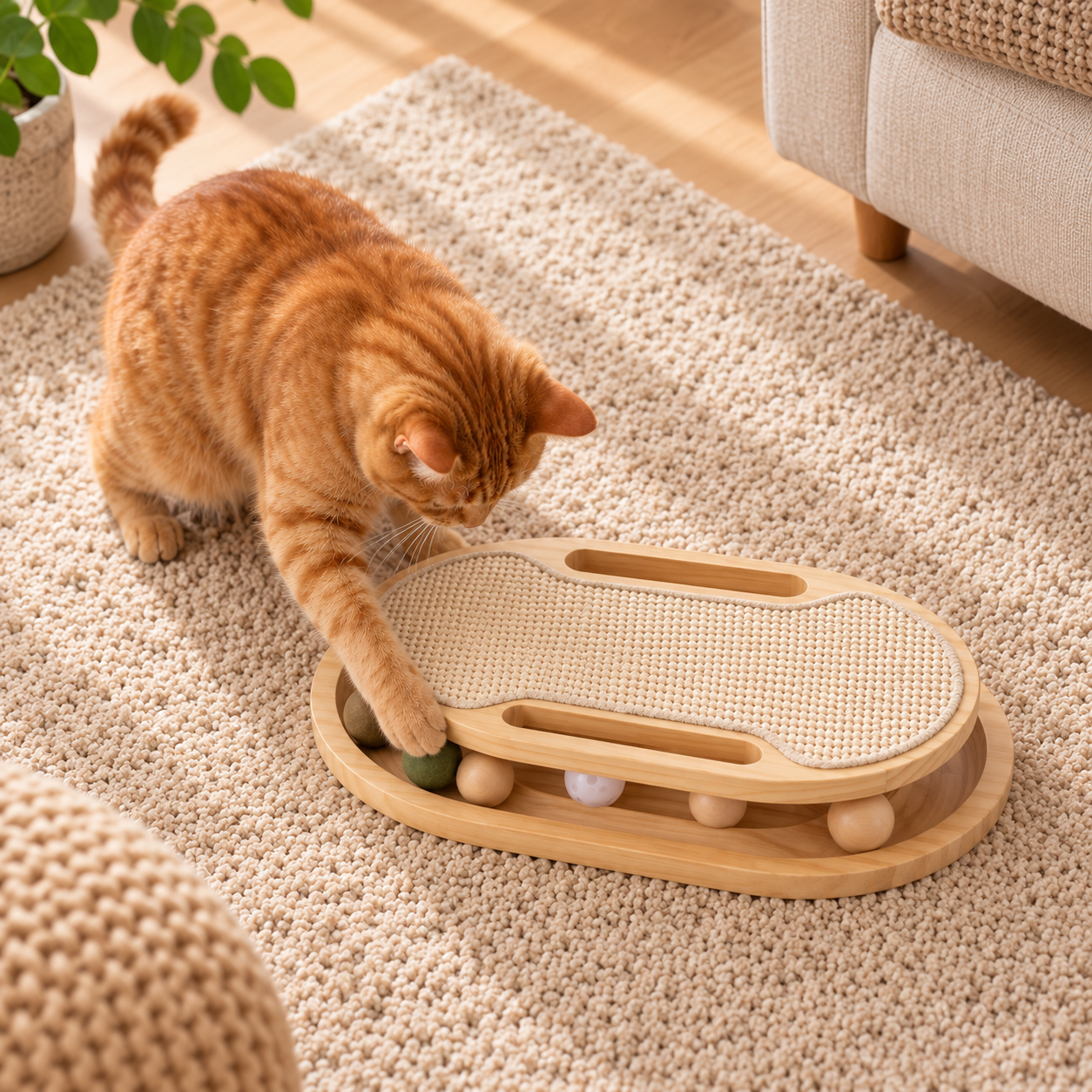 Interactive Cat Toy for Indoor Cats   Wooden Cat Scratcher with Ball Track & Scratch Pad for Kittens