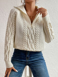 Cable Knit Fold-Over Collar Half Zip Jumper