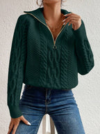 Cable Knit Fold-Over Collar Half Zip Jumper