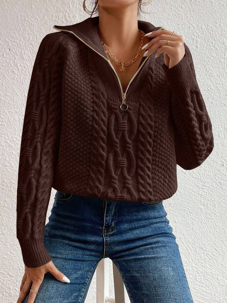 Cable Knit Fold-Over Collar Half Zip Jumper