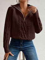 Cable Knit Fold-Over Collar Half Zip Jumper