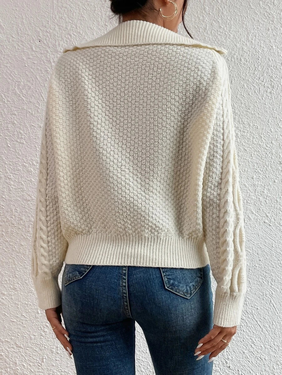 Cable Knit Fold-Over Collar Half Zip Jumper