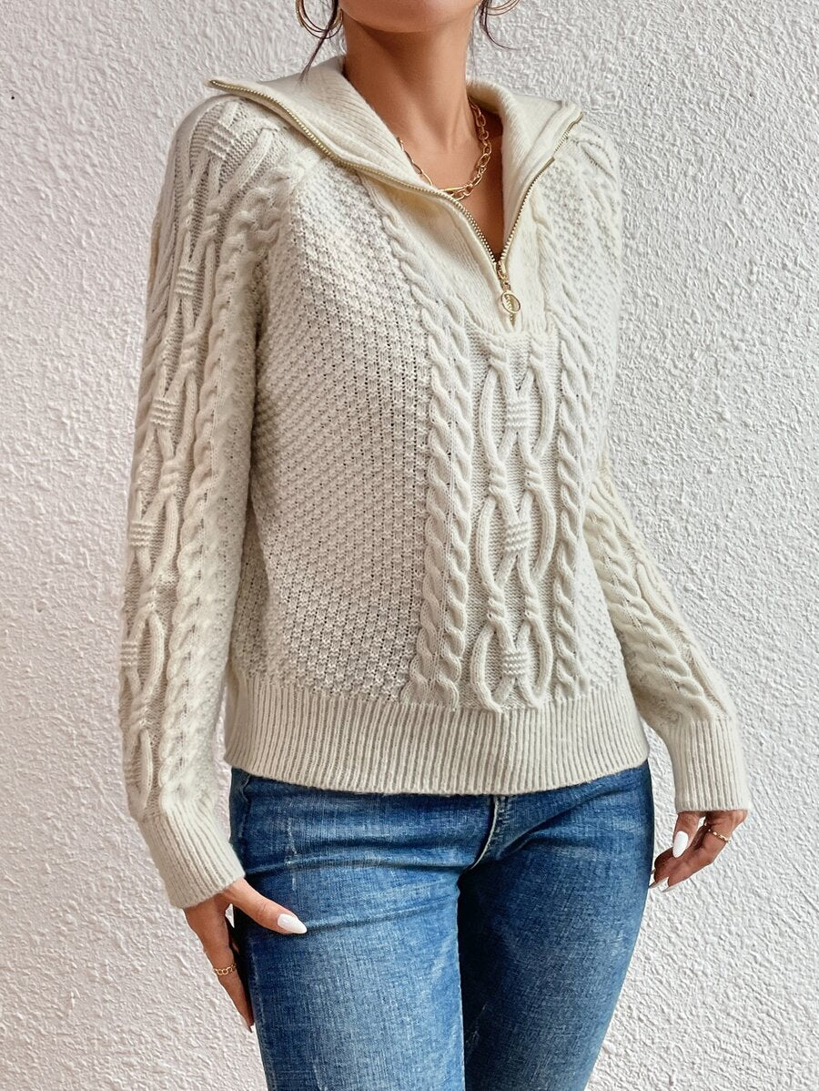 Cable Knit Fold-Over Collar Half Zip Jumper