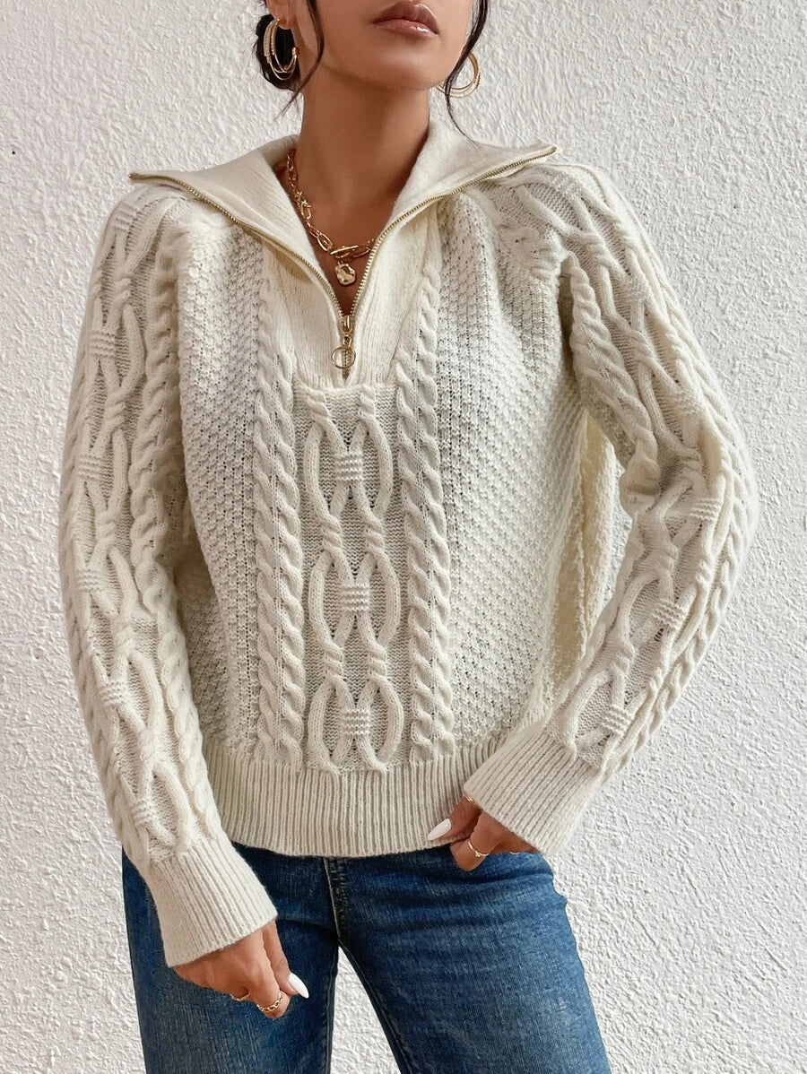 Cable Knit Fold-Over Collar Half Zip Jumper