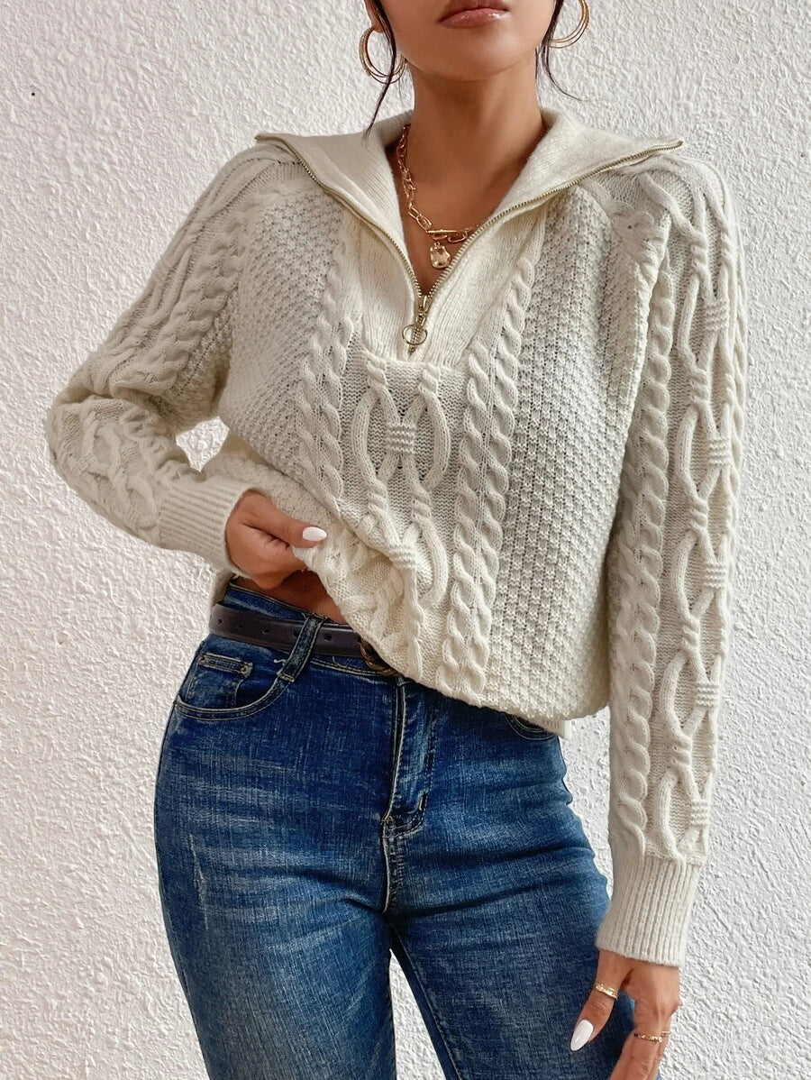 Cable Knit Fold-Over Collar Half Zip Jumper
