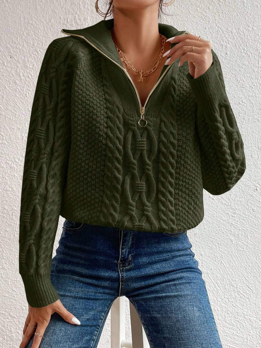 Cable Knit Fold-Over Collar Half Zip Jumper