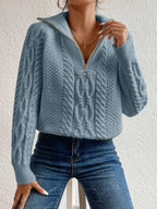 Cable Knit Fold-Over Collar Half Zip Jumper