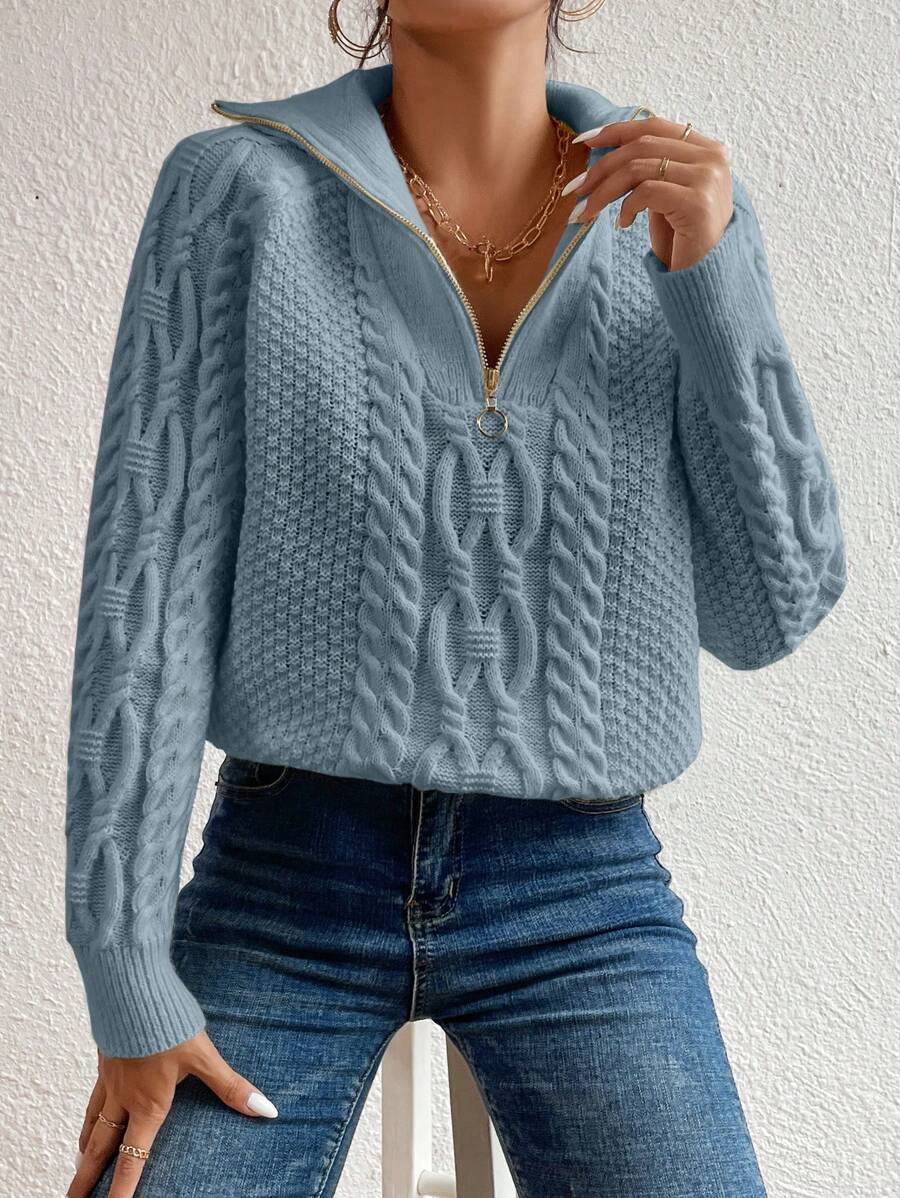 Cable Knit Fold-Over Collar Half Zip Jumper