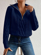 Cable Knit Fold-Over Collar Half Zip Jumper