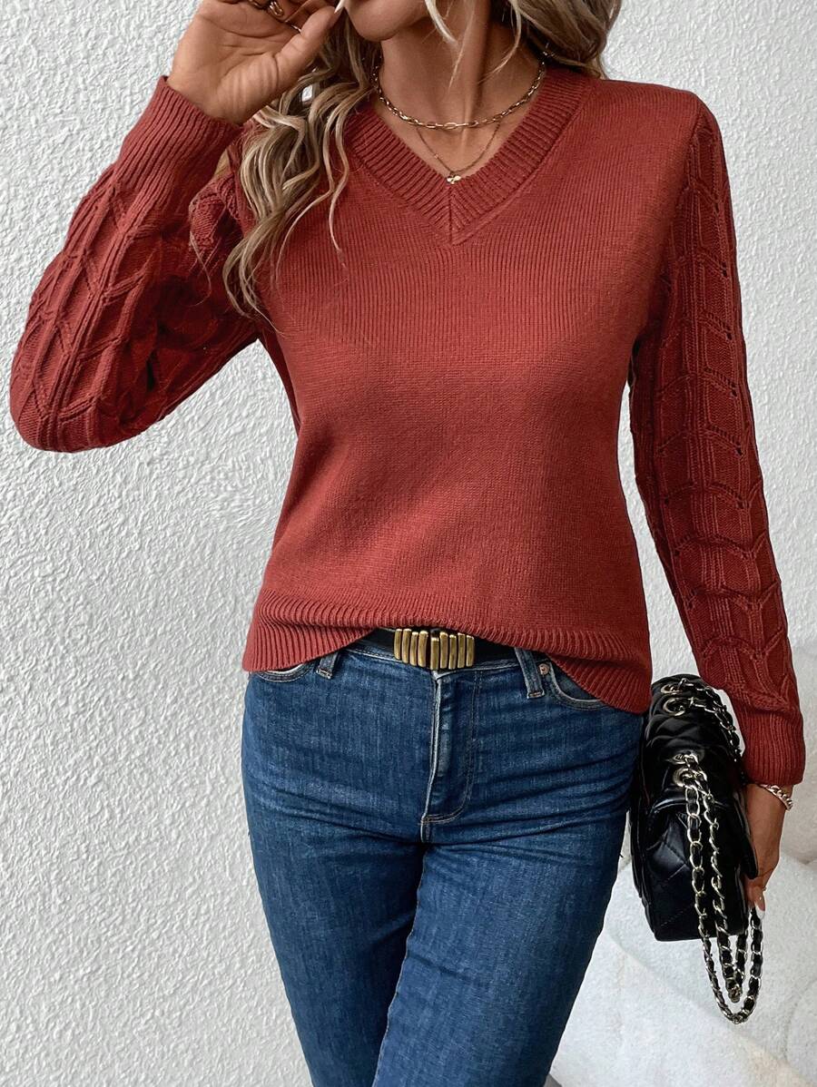 Cable Knit Sleeve V-Neck Pullover