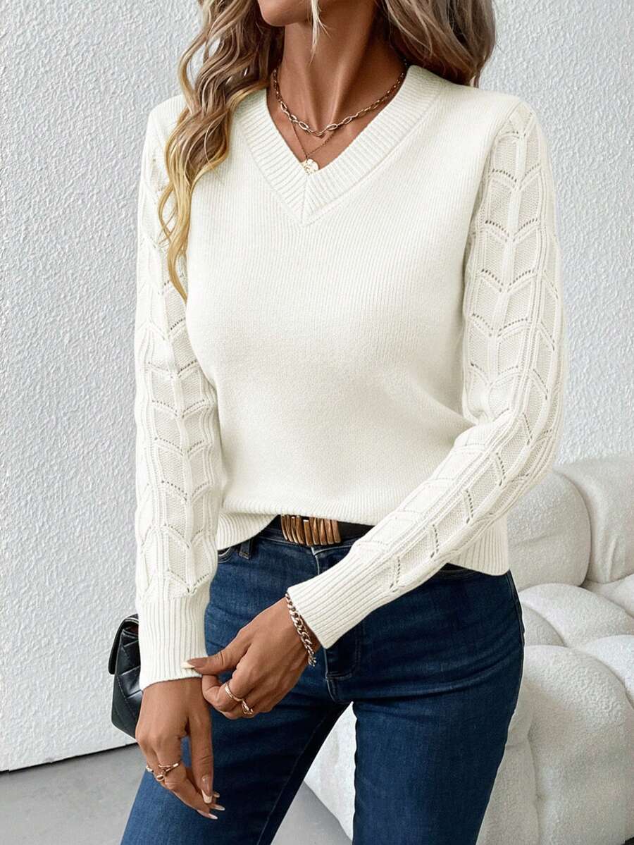 Cable Knit Sleeve V-Neck Pullover