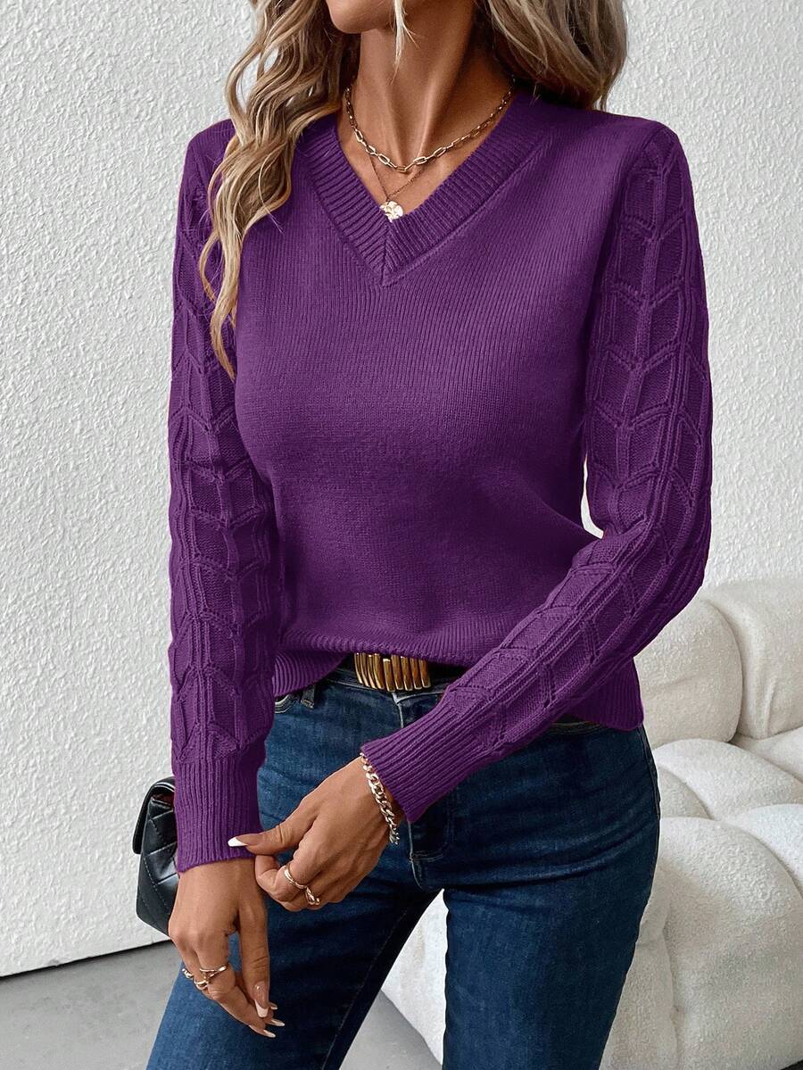Cable Knit Sleeve V-Neck Pullover