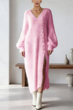 Women's Knit V-Neck Button-Front Midi Dress, Balloon Sleeves