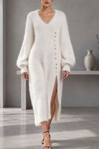 Women's Knit V-Neck Button-Front Midi Dress, Balloon Sleeves