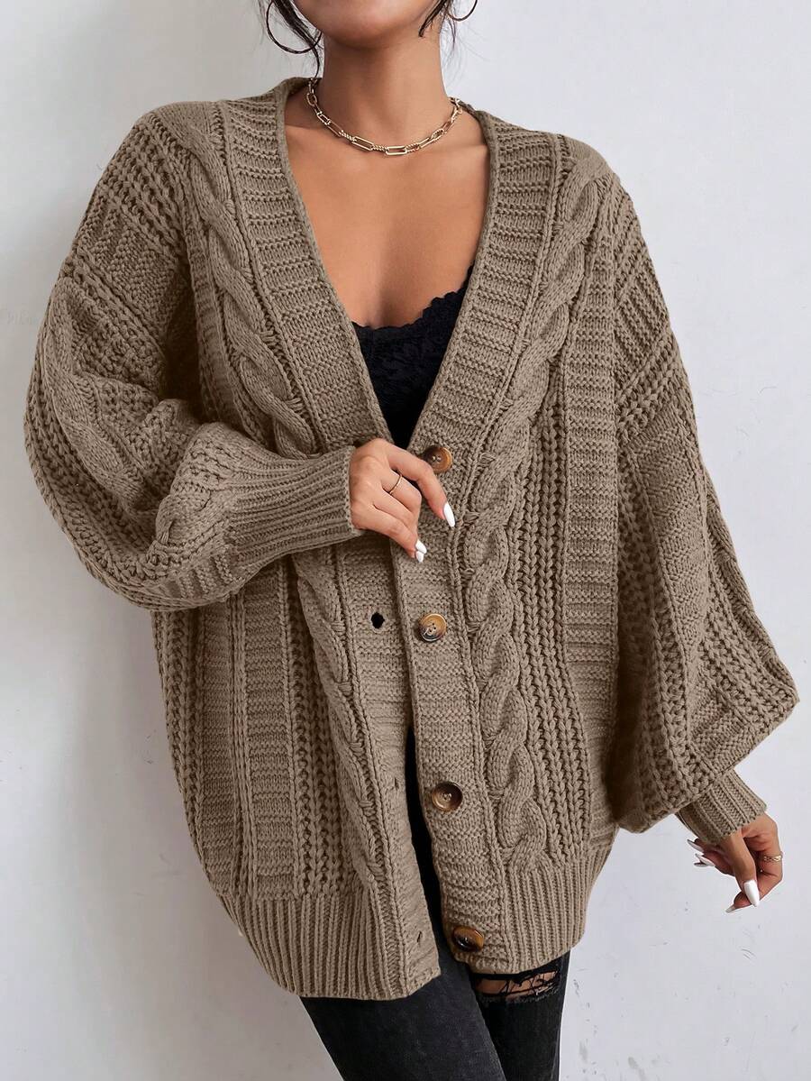 Chunky Cable Knit Cardigan with Bishop Sleeves