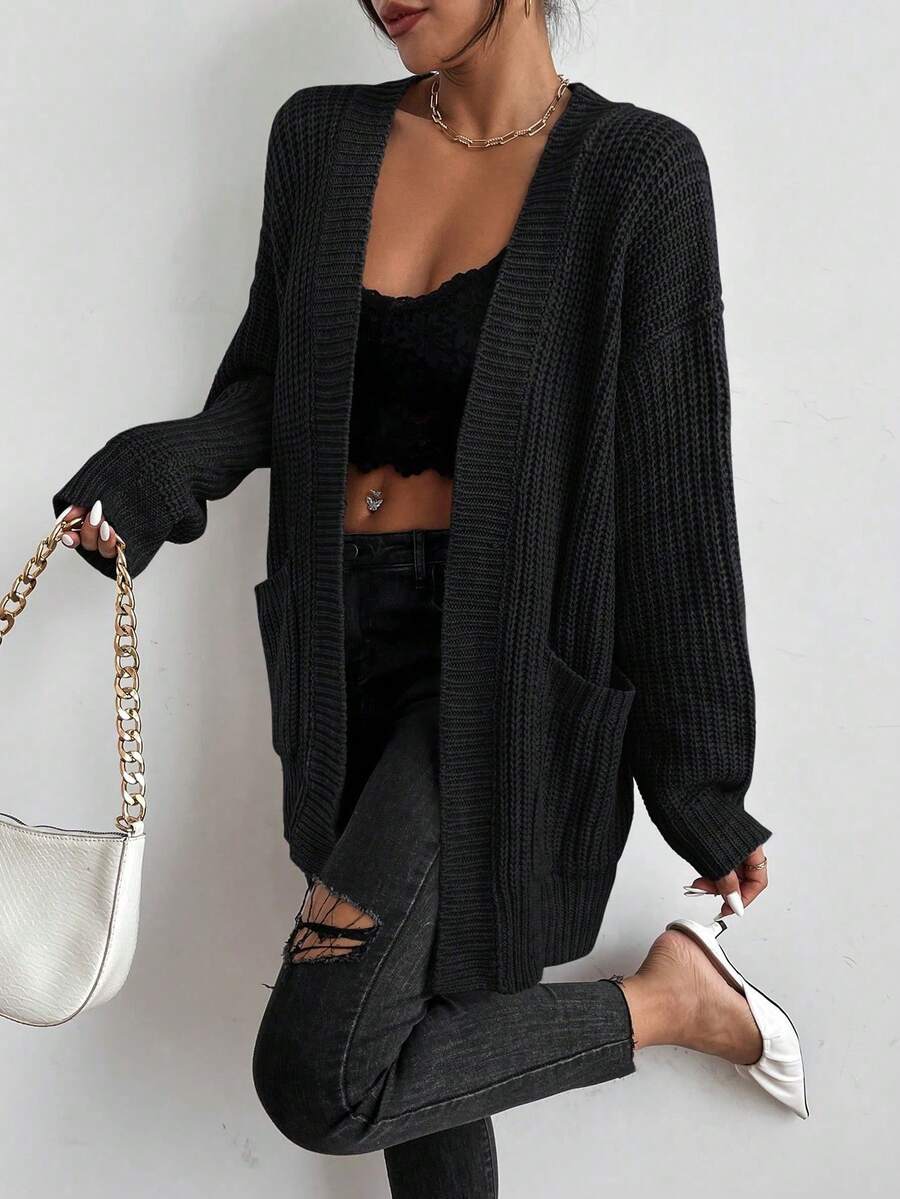 Chunky Ribbed Open Front Cardigan with Side Splits