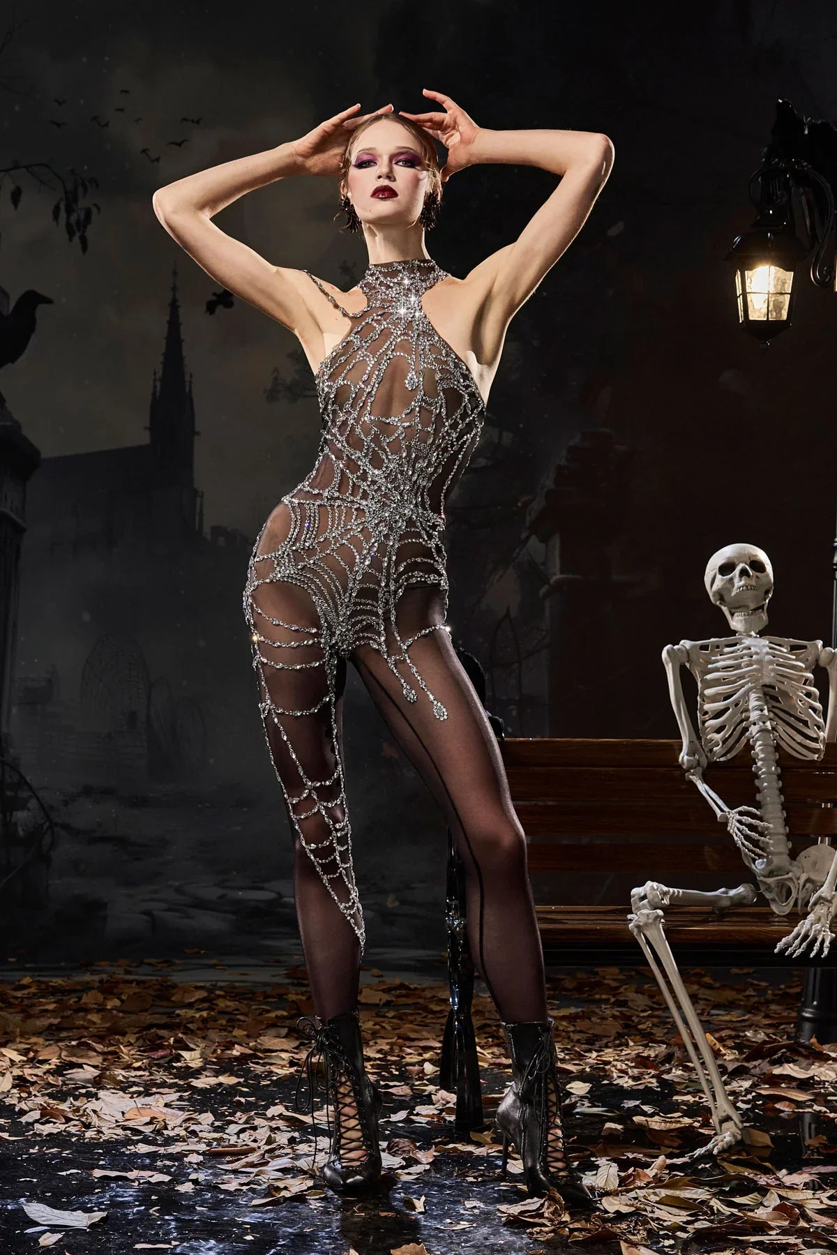 Cobweb Rhinestone Cutout Jumpsuit