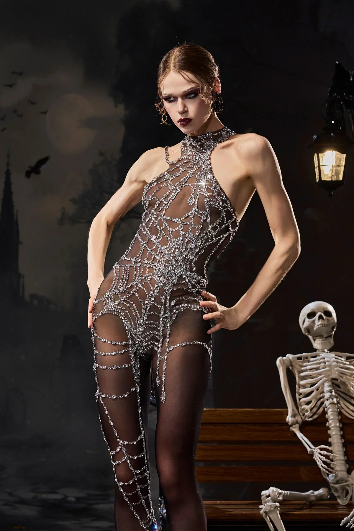 Cobweb Rhinestone Cutout Jumpsuit