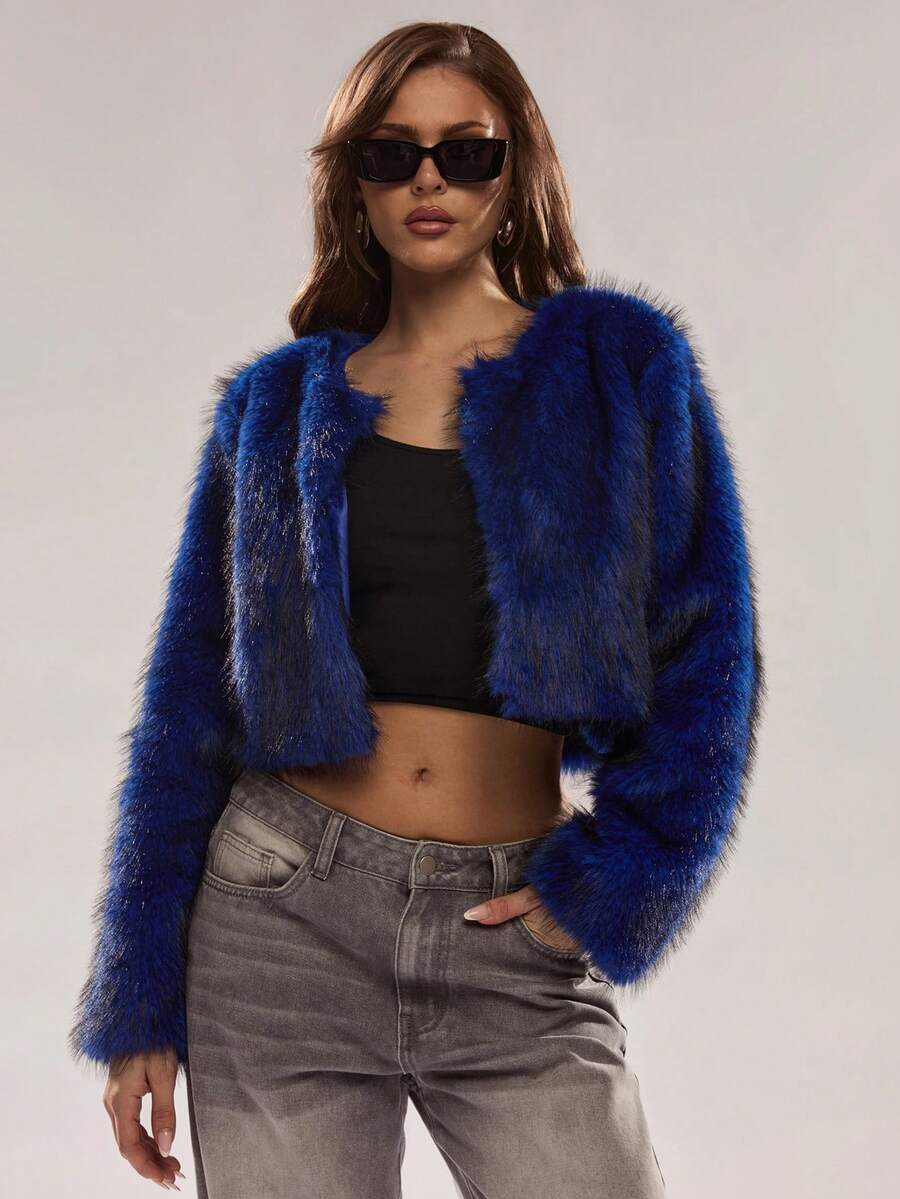 Collarless Plush Cropped Evening Jacket