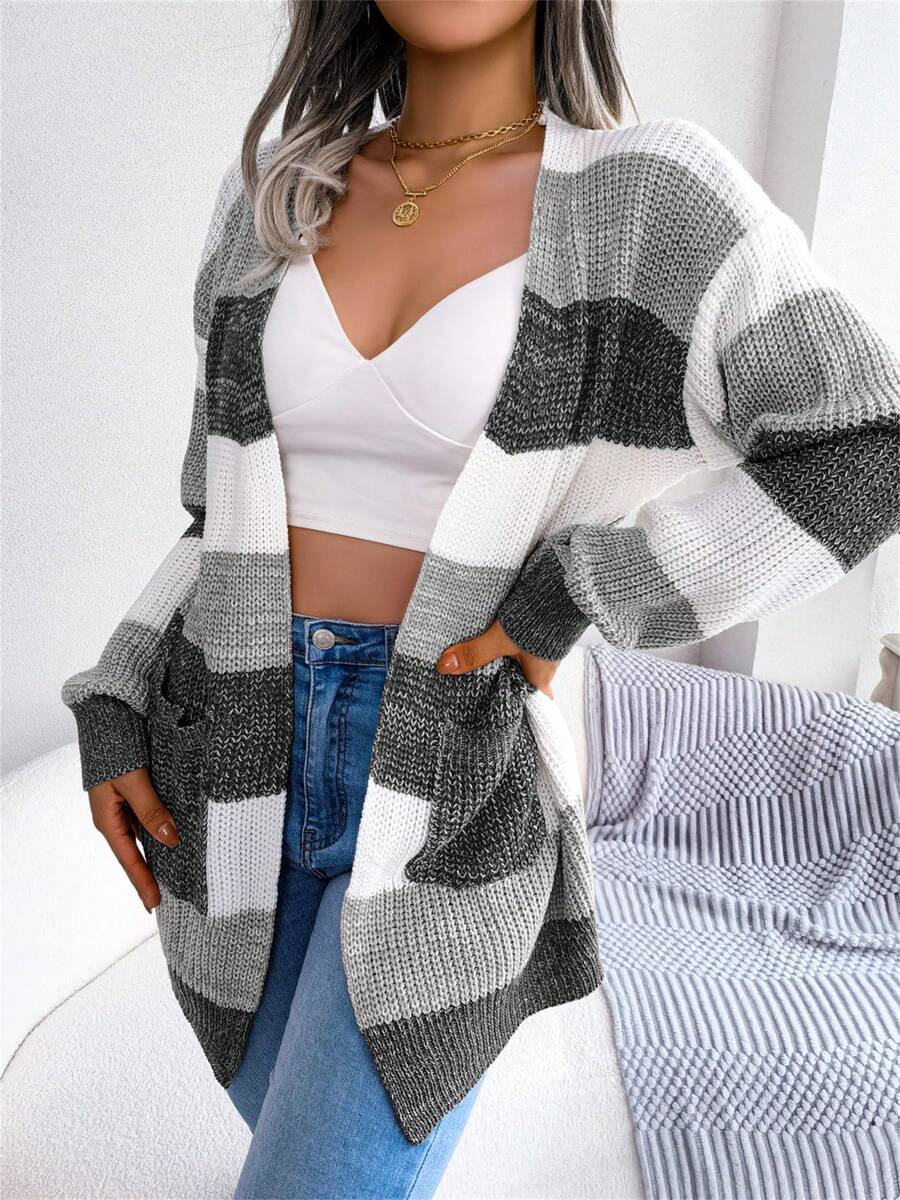 Color Block Stripe Open Front Cardigan
