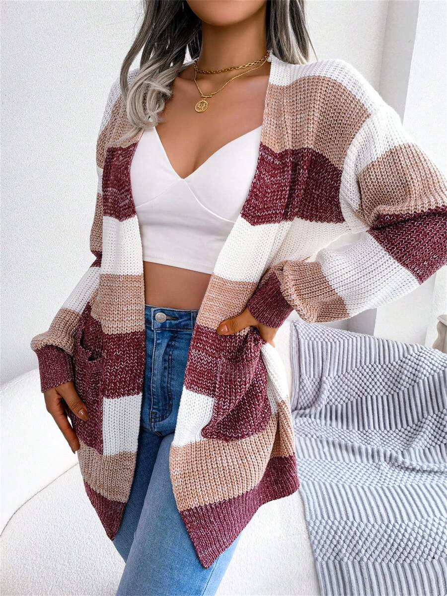 Color Block Stripe Open Front Cardigan