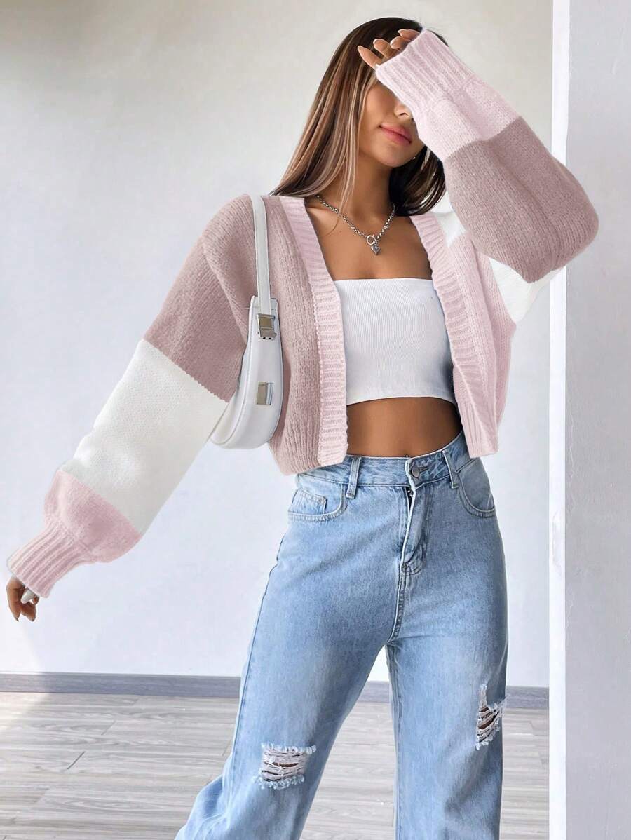 Colourblock Open Front Cropped Cardigan