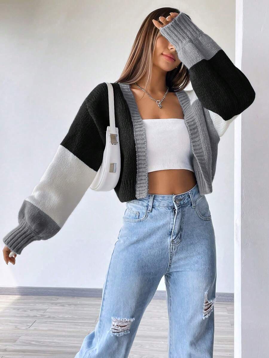 Colourblock Open Front Cropped Cardigan