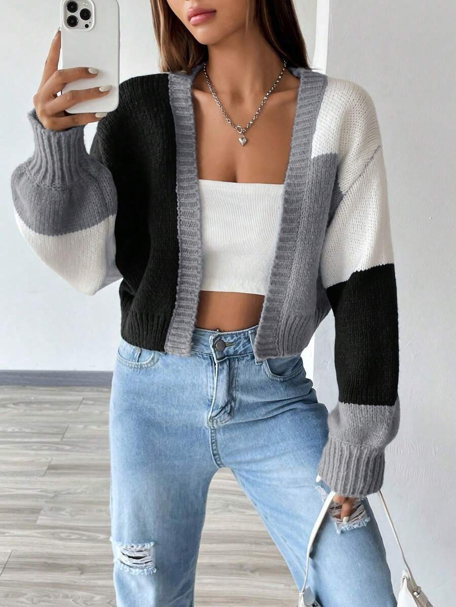 Colourblock Open Front Cropped Cardigan