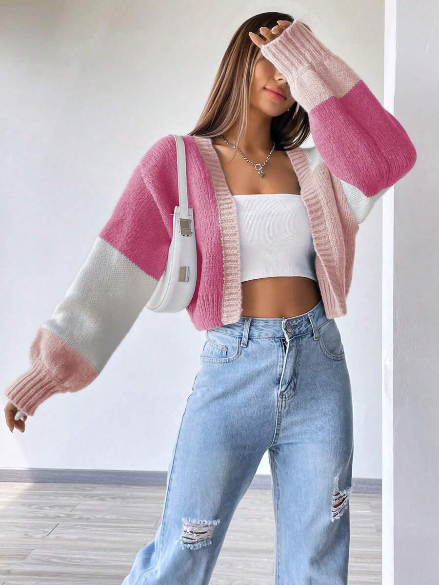 Colourblock Open Front Cropped Cardigan