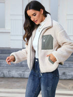 Contrast Panel Teddy Zip-Up Jacket