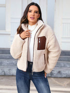 Contrast Panel Teddy Zip-Up Jacket