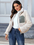 Contrast Panel Teddy Zip-Up Jacket