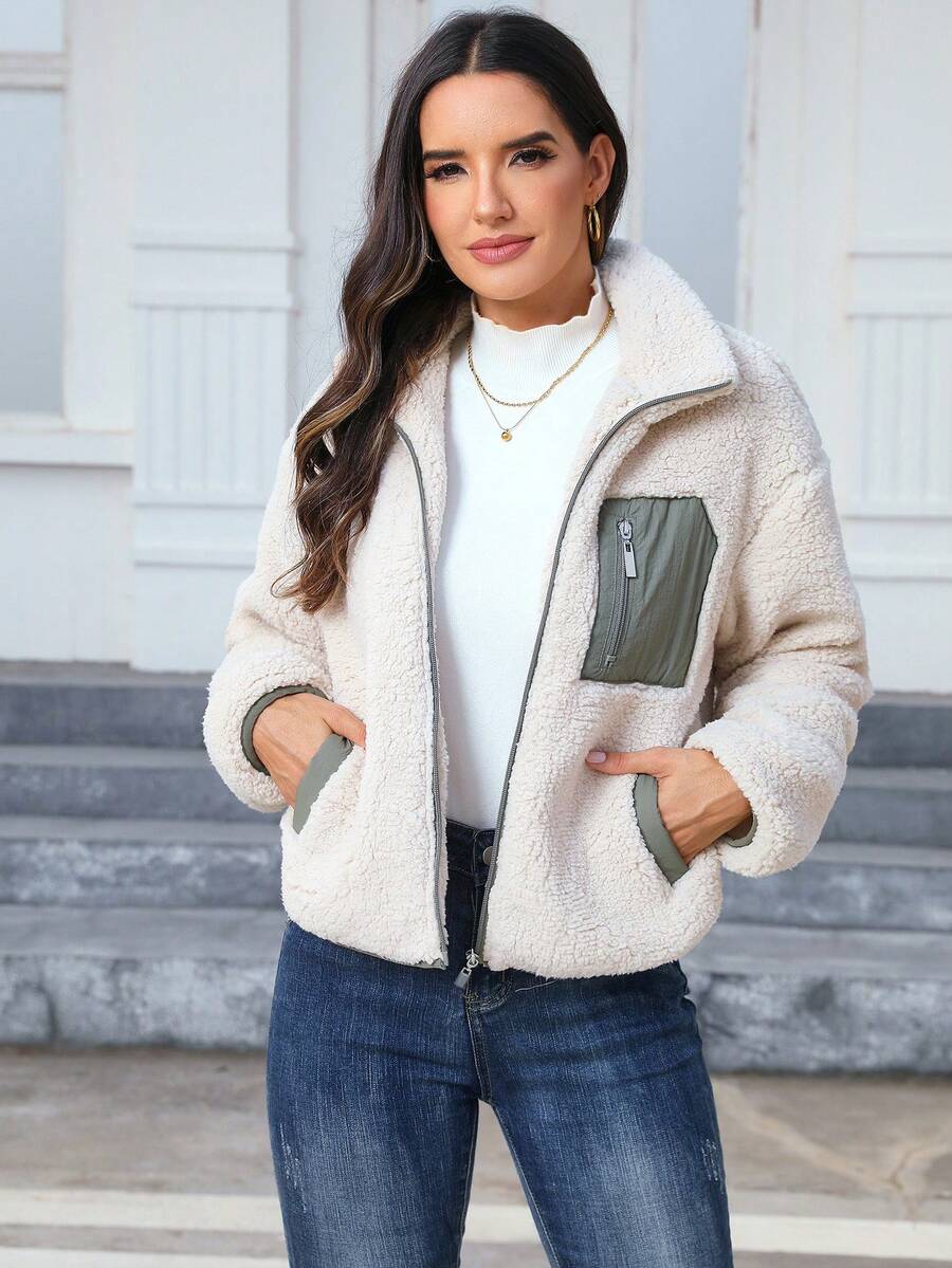 Contrast Panel Teddy Zip-Up Jacket