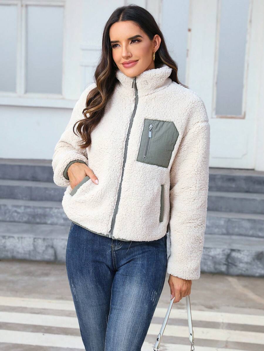 Contrast Panel Teddy Zip-Up Jacket