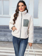 Contrast Panel Teddy Zip-Up Jacket